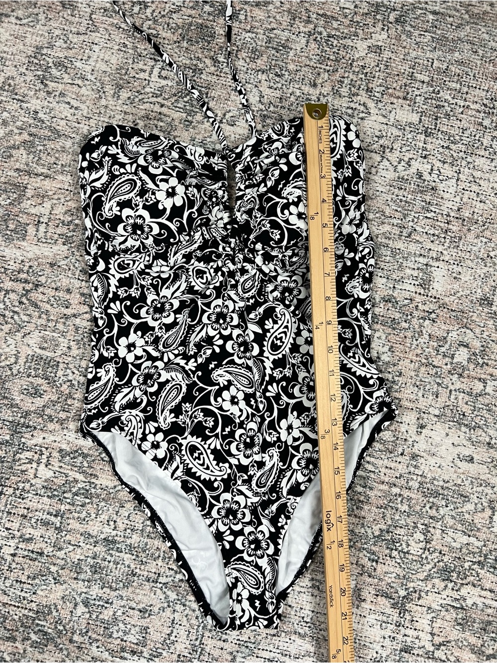 LOFT Beach Cutout Halter One Piece Swimsuit Medium Black White Floral NWT - Picture 11 of 16